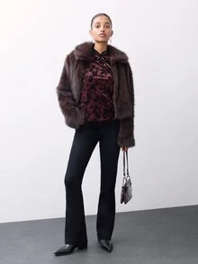 Nöista Top de terciopelo floral burdeos y negro con cuello mandarín, mangas cortas. Otoño, invierno, uso diario, oficina, noche, Halloween, elegante, Navidad. - Burdeos - Ver 4
