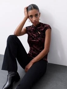 Nöista Top de terciopelo floral burdeos y negro con cuello mandarín, mangas cortas. Otoño, invierno, uso diario, oficina, noche, Halloween, elegante, Navidad. - Burdeos - Ver 6