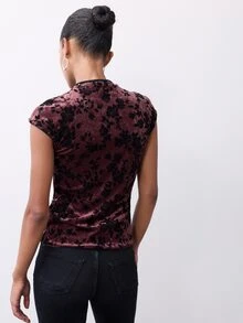 Nöista Top de terciopelo floral burdeos y negro con cuello mandarín, mangas cortas. Otoño, invierno, uso diario, oficina, noche, Halloween, elegante, Navidad. - Burdeos - Ver 5