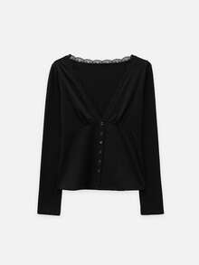 Nöista Women Wear Black Fitted Long Sleeve Top With Lace And Deep V Neckline And Button Front Detail For Party Night Looks, Going Out In Fall Winter Season - Black - View 7
