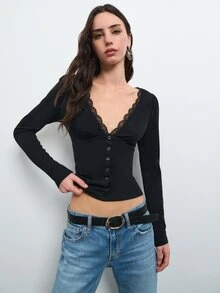 Nöista Women Wear Black Fitted Long Sleeve Top With Lace And Deep V Neckline And Button Front Detail For Party Night Looks, Going Out In Fall Winter Season - Black - View 3