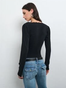 Nöista Women Wear Black Fitted Long Sleeve Top With Lace And Deep V Neckline And Button Front Detail For Party Night Looks, Going Out In Fall Winter Season - Black - View 5