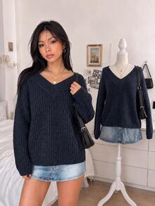Lalippa Women's V-Neck Color Block Lace Patchwork Long Sleeve Loose Knit Sweater - Navy Blue - View 1