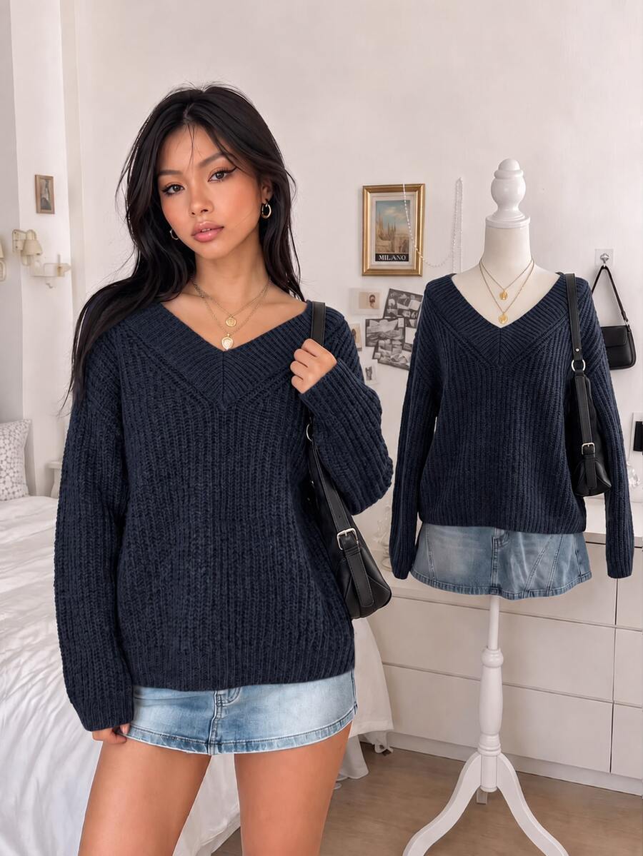 Lalippa Women's V-Neck Color Block Lace Patchwork Long Sleeve Loose Knit Sweater - Navy Blue - View 1