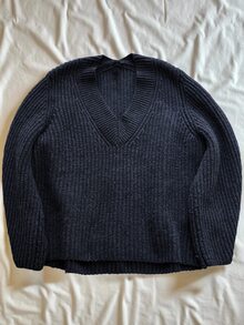 Lalippa Women's V-Neck Color Block Lace Patchwork Long Sleeve Loose Knit Sweater - Navy Blue - View 3