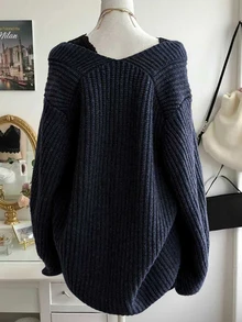 Lalippa Women's V-Neck Color Block Lace Patchwork Long Sleeve Loose Knit Sweater - Navy Blue - View 2