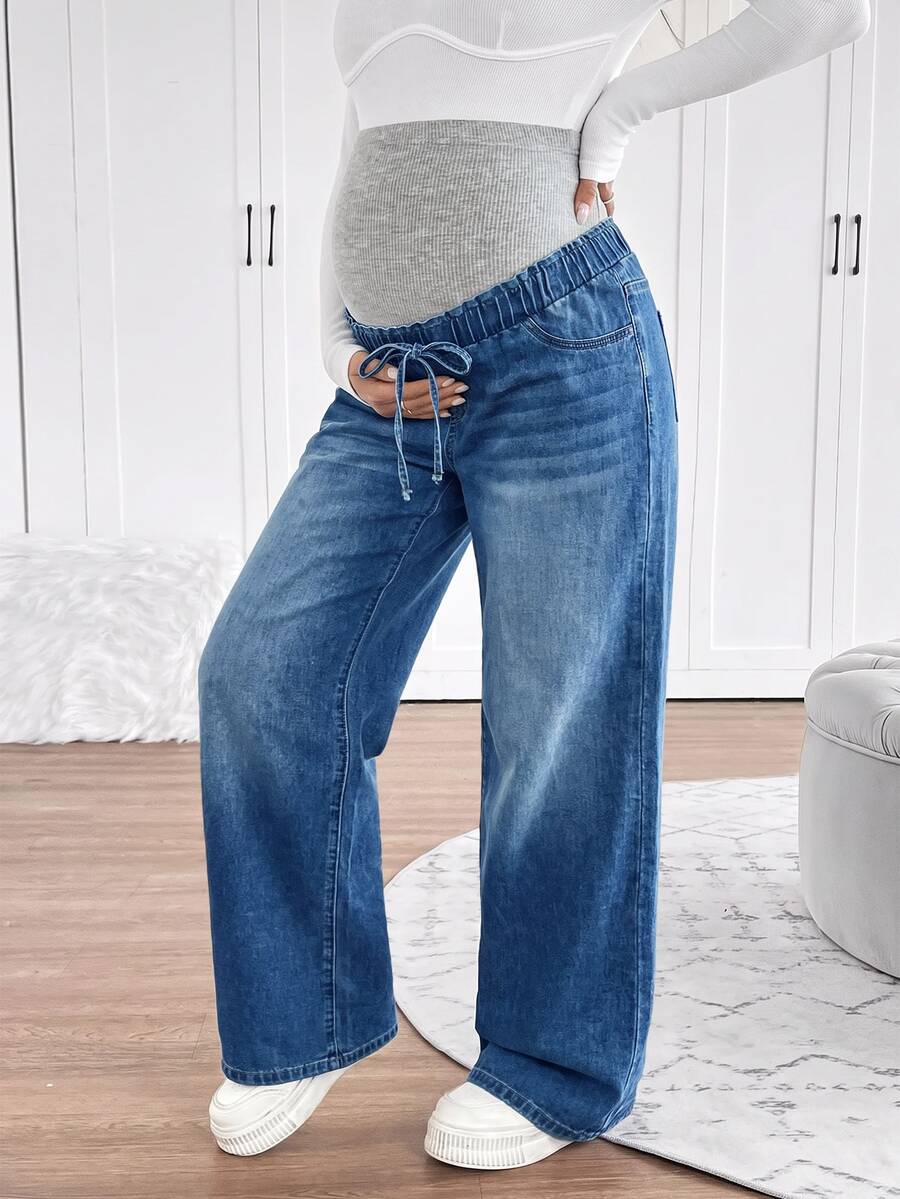 SHEIN Maternity Fashion Versatile Tie-Waist Pocket Denim Jeans For Daily Wear - Blue - View 1
