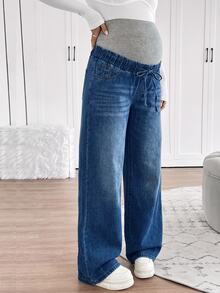 SHEIN Maternity Fashion Versatile Tie-Waist Pocket Denim Jeans For Daily Wear - Blue - View 4
