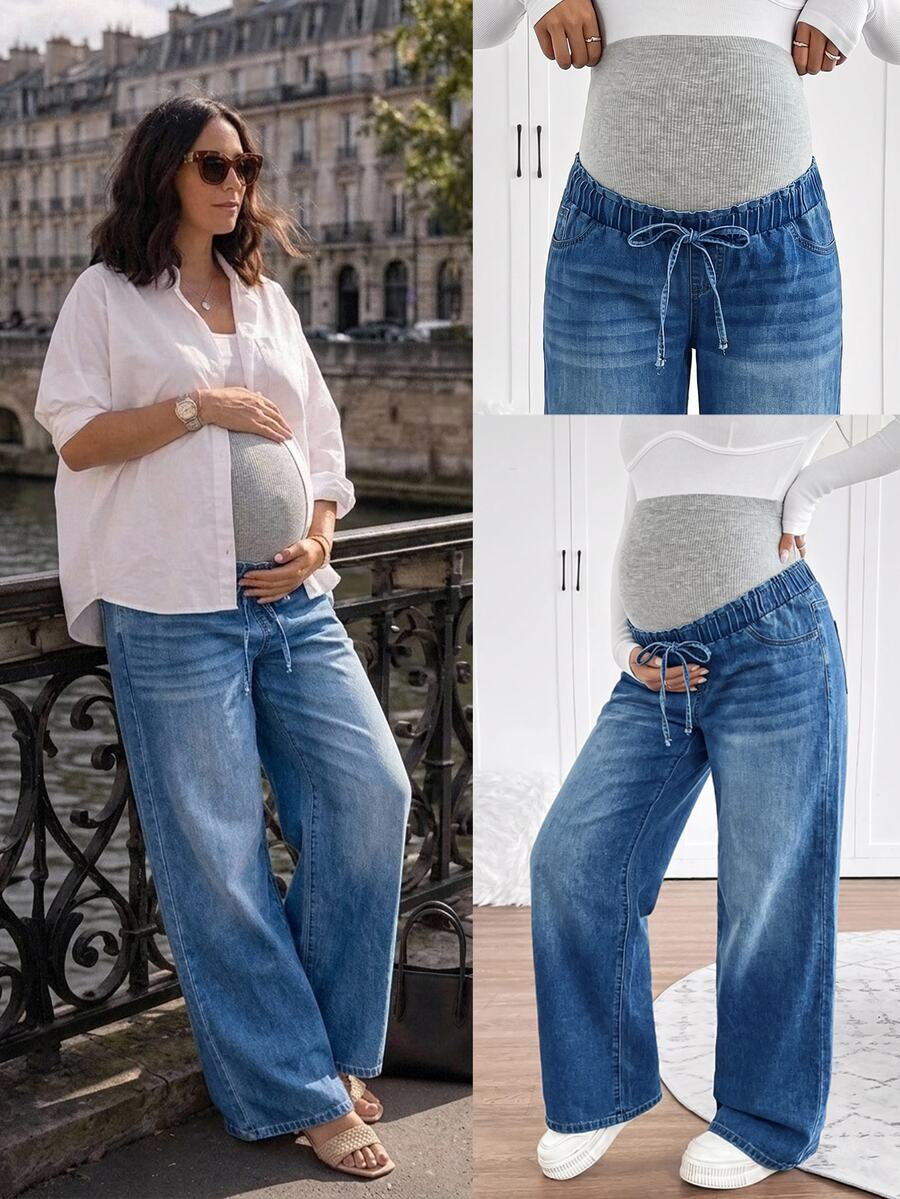 SHEIN Maternity Fashion Versatile Tie-Waist Pocket Denim Jeans For Daily Wear - Blue - View 1
