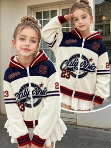 青少年女孩秋季外套，學院風數位字母印花，拉扯印花，美式校園氛圍，Citywalk街頭風 - 彩色 - 查看 1