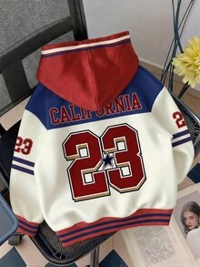 青少年女孩秋季外套，學院風數位字母印花，拉扯印花，美式校園氛圍，Citywalk街頭風 - 彩色 - 查看 4