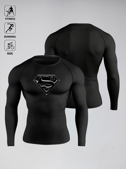 SUPERMAN X SHEIN Men's Geometric Print Long Sleeve Casual Fitness Sports T-Shirt, Gym,4-Way Stretch,UV Protection,Cool Feel,Workout Staple,Muscle Fit,Running,Outdoor