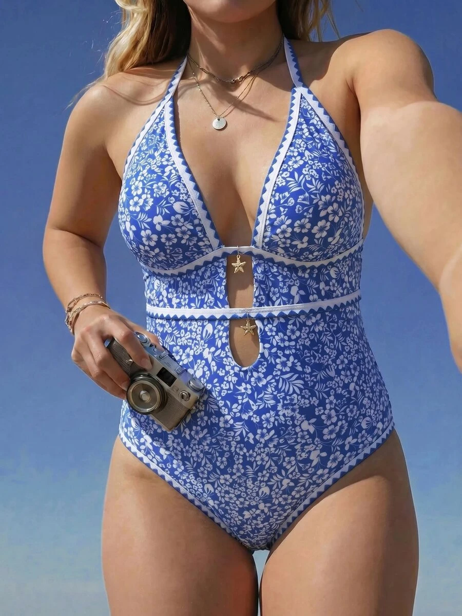 Swim Mod Plus Size Women's One-Piece Random Floral Print Elegant One-Piece Swimsuit - Blue - View 1