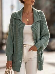 Selianne Women's Autumn New Single Piece Polo Collar Fitted Regular Fit Solid Color Button & Hidden Button Design Pocket Versatile Fashion Daily Commute Knit Cardigan Top - Green - View 3