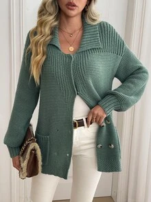 Selianne Women's Autumn New Single Piece Polo Collar Fitted Regular Fit Solid Color Button & Hidden Button Design Pocket Versatile Fashion Daily Commute Knit Cardigan Top - Green - View 6
