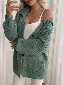 Selianne Women's Autumn New Single Piece Polo Collar Fitted Regular Fit Solid Color Button & Hidden Button Design Pocket Versatile Fashion Daily Commute Knit Cardigan Top - Green - View 5