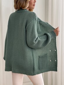 Selianne Women's Autumn New Single Piece Polo Collar Fitted Regular Fit Solid Color Button & Hidden Button Design Pocket Versatile Fashion Daily Commute Knit Cardigan Top - Green - View 2