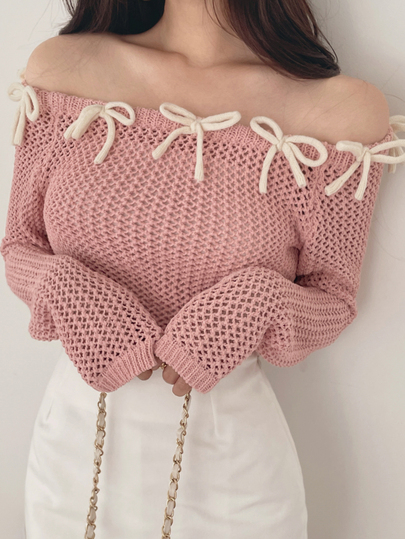 DAZY Women's Bow Contrast Color Fitted Square Neck Long Sleeve Hollow Out Casual Minimalist Sexy Sexy Vacation Spring Autumn Thin Knit Sweater