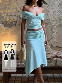 SHEIN PETITE Spring/Summer Women's Casual Commute Light Yellow Knit Ruched Drawstring T-Shirt And Loose Long Pants 2 Pieces Set - Suitable For Casual Commute, Daily Wear, Workplace Commute, Casual Outings And Home Wear. - Baby Blue - View 9