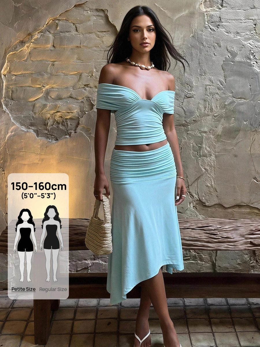 SHEIN PETITE Spring/Summer Women's Casual Commute Light Yellow Knit Ruched Drawstring T-Shirt And Loose Long Pants 2 Pieces Set - Suitable For Casual Commute, Daily Wear, Workplace Commute, Casual Outings And Home Wear. - Baby Blue - View 1