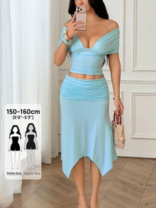 SHEIN PETITE Spring/Summer Women's Casual Commute Light Yellow Knit Ruched Drawstring T-Shirt And Loose Long Pants 2 Pieces Set - Suitable For Casual Commute, Daily Wear, Workplace Commute, Casual Outings And Home Wear. - Baby Blue - View 8