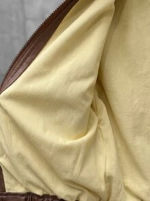 SHEIN 青少年女孩黑色翻領純色PU皮革夾克，短版休閒夾克，酷炫街頭風運動騎行PU拉鍊夾克，黑色百搭外套，返校季 - 棕色 - 查看 6