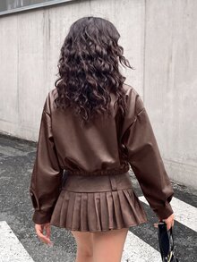 SHEIN 青少年女孩黑色翻領純色PU皮革夾克，短版休閒夾克，酷炫街頭風運動騎行PU拉鍊夾克，黑色百搭外套，返校季 - 棕色 - 查看 2