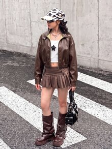 SHEIN 青少年女孩黑色翻領純色PU皮革夾克，短版休閒夾克，酷炫街頭風運動騎行PU拉鍊夾克，黑色百搭外套，返校季 - 棕色 - 查看 5