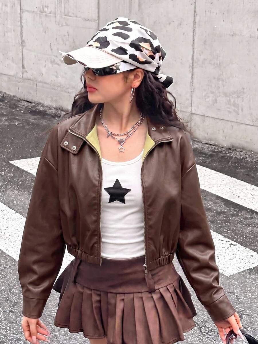 SHEIN 青少年女孩黑色翻領純色PU皮革夾克,短版休閒夾克,酷炫街頭風運動騎行PU拉鍊夾克,黑色百搭外套,返校季 - 棕色 - 查看 1