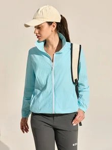 SHEIN Sports Women's Solid Color Long Sleeve Zipper Front Casual Jacket Women Sports Jackets Light Workout Jackets - Blue - View 2