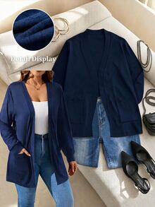 SHEIN Clasi Plus Size Black Long Sleeve Loose Knit Jacket With Pockets Winter Fall Autumn - Navy Blue - View 7