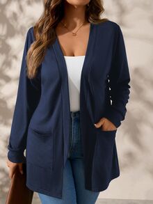 SHEIN Clasi Plus Size Black Long Sleeve Loose Knit Jacket With Pockets Winter Fall Autumn - Navy Blue - View 3