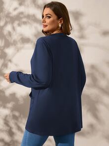 SHEIN Clasi Plus Size Black Long Sleeve Loose Knit Jacket With Pockets Winter Fall Autumn - Navy Blue - View 6
