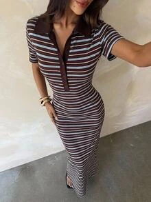 Aloruh 女款休閒時尚復古撞色條紋短袖 Polo 領修身洋裝 - 彩色 - 查看 2