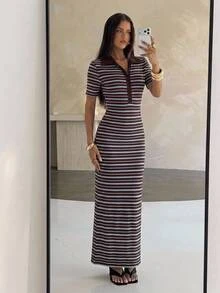 Aloruh 女款休閒時尚復古撞色條紋短袖 Polo 領修身洋裝 - 彩色 - 查看 1