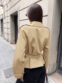 Aloruh Women's Solid Color Waist Knot Casual Versatile Daily Travel Trench Coat Jacket - Khaki - View 2