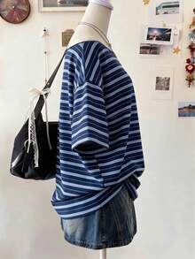 Lalippa Women's Boat Neck Dropped Shoulder Short Sleeve Striped Casual Loose Summer T-Shirt - Black - View 4