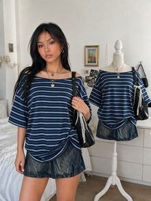 Lalippa Women's Boat Neck Dropped Shoulder Short Sleeve Striped Casual Loose Summer T-Shirt - Black - View 1