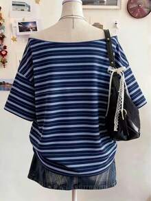 Lalippa Women's Boat Neck Dropped Shoulder Short Sleeve Striped Casual Loose Summer T-Shirt - Black - View 2