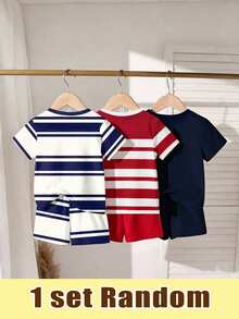 SHEIN (1 Random Set)Baby Boy Cute Minimalist Pony Blue & White Striped Teddy Bear Print Basic Short T-Shirt & Shorts Set, Classic Striped Daily Outfit - Multicolor - View 2