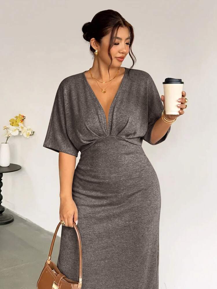 Firerie Plus Size Women Solid Color V-Neck Pleated Casual Party Dress - Brown - View 3