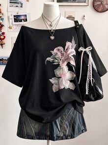 Lalippa 大尺碼度假風花卉印花短袖街頭風T恤 - 彩色 - 查看 1