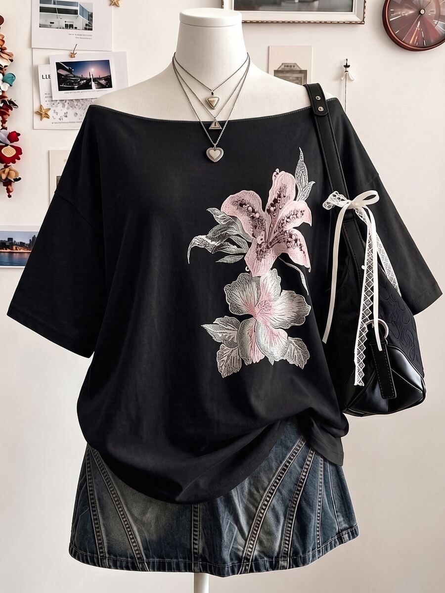 Lalippa 大尺碼度假風花卉印花短袖街頭風T恤 - 彩色 - 查看 1