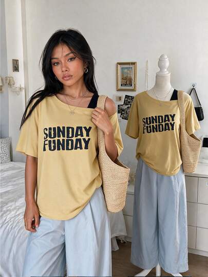 Lalippa Women's Off-Shoulder Loose T-Shirt Top, Elegant Romantic Casual Suitable For Spring/Summer Vacation, Beach, Commute, Dating, Y2K Style