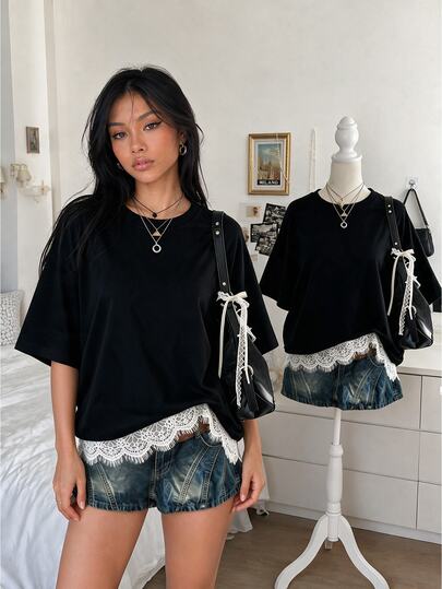 Lalippa New Lace Patchwork Loose Casual Everyday Versatile Women T-Shirt