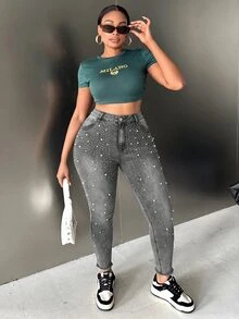 Slaydiva Plus Size Women's High Waist Skinny Denim Jeans With Pearl Rhinestone Embellishment, Faded Gray - Black - View 4