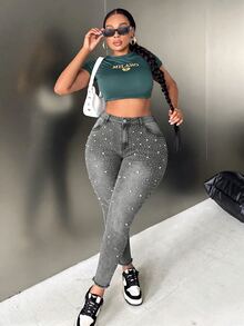 Slaydiva Plus Size Women's High Waist Skinny Denim Jeans With Pearl Rhinestone Embellishment, Faded Gray - Black - View 2