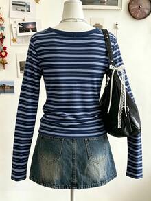 Lalippa Women's Button Design V-Neck Long Sleeve Casual Striped T-Shirt - Multicolor - View 2