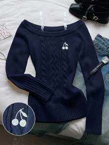 Girlism Kids Tween Girls Sweaters Autumn/Winter Royal Blue Solid Color Pattern Cold Shoulder Cherry Embroidery Long Sleeve Slim Fit Pullover - Royal Blue - View 5