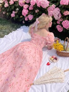 Lyrianda Sweet Romantic Vacation Ditsy Floral Short Sleeve Cinched Waist Tie Maxi Dress - Pink - View 2